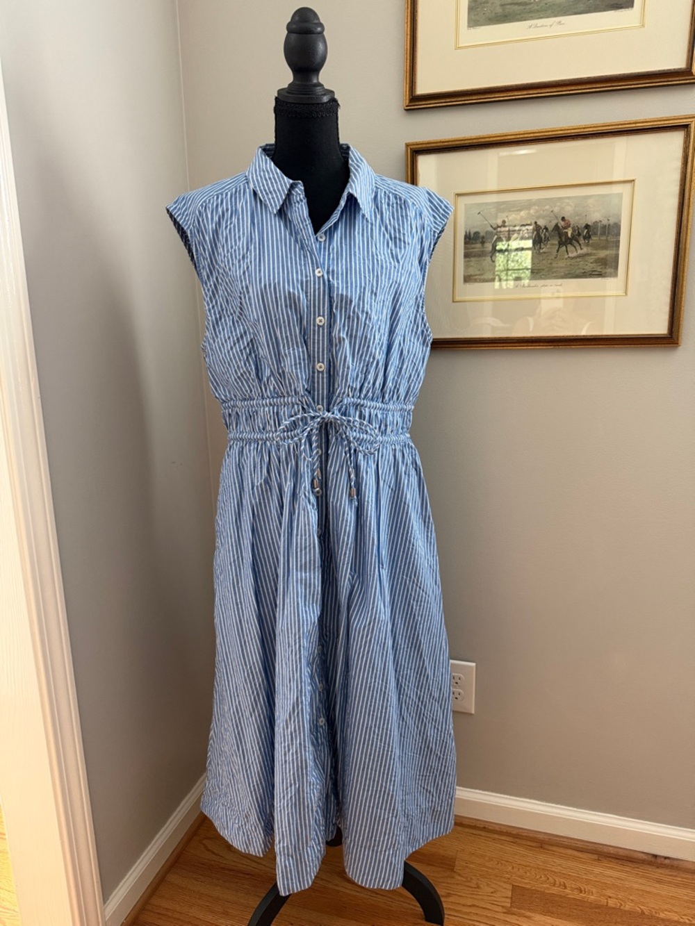 Maeve Blue and White Striped Sleeveless Midi Shirt Dress